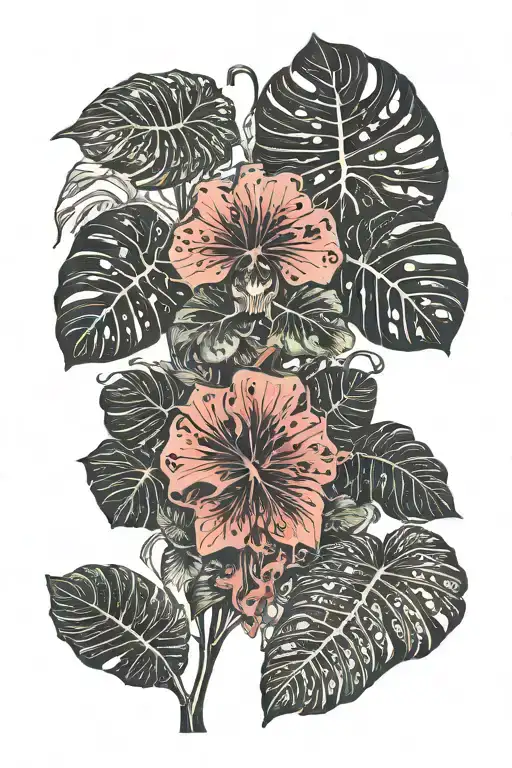 monstera philodendron mushrooms flowers  tattoo design idea