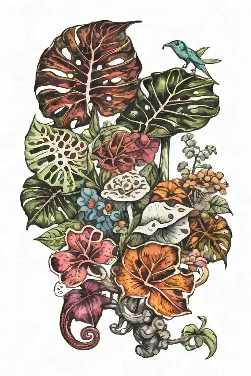 monstera leaves mushrooms flowers lizard  tattoo design idea