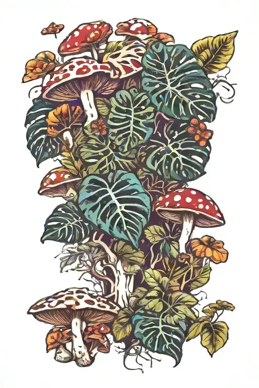 monstera mushrooms tattoo design idea