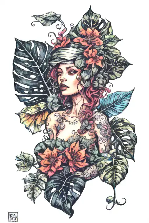 monstera philodendron mushroom fairy tattoo design idea