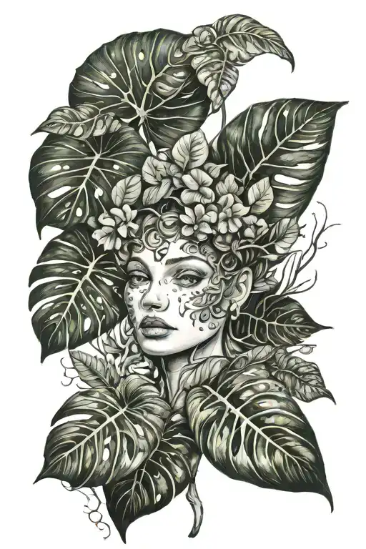 monstera philodendron mushroom fairy tattoo design idea