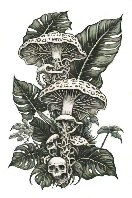 gemini monstera dragon mushroom tattoo design idea