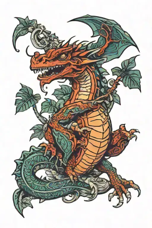 monstera mushroom dragon tattoo design idea