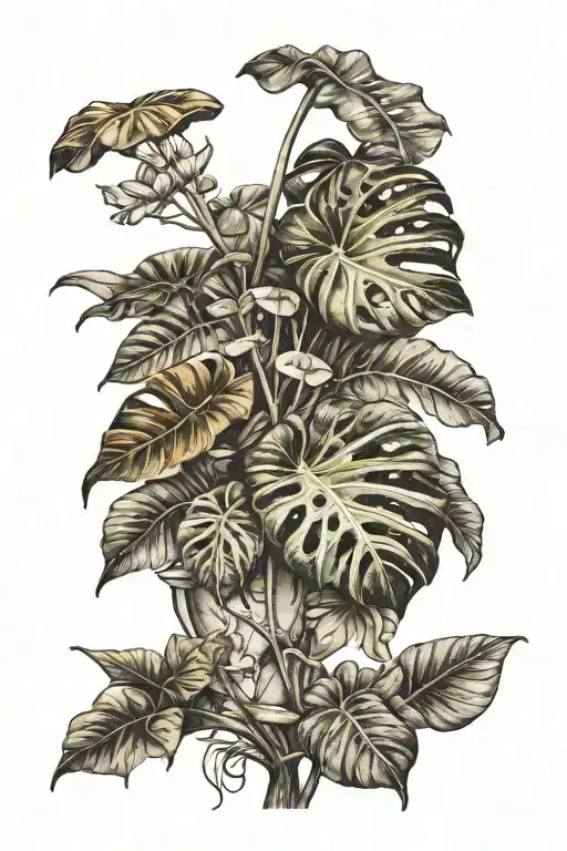 monstera philodendron mushroom tattoo design idea