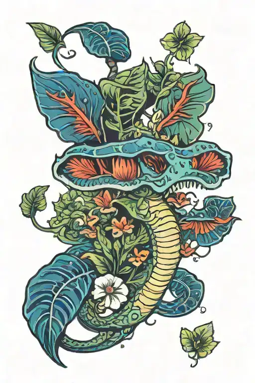 monstera mushroom dragon tattoo design idea