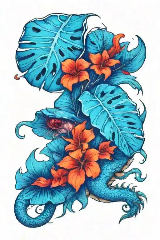 monstera mushroom dragon tattoo design idea