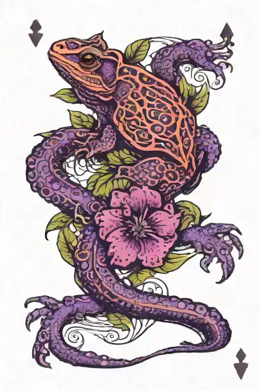 monstera leaves mushrooms purple flowers lizard playing cards tattoo design idea