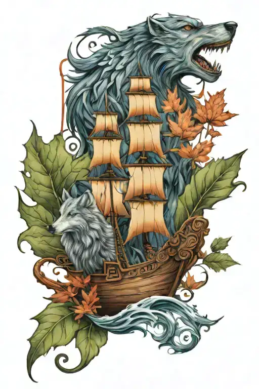wolf thistle viking ship squaw and maple tree tattoo design idea