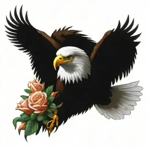 Realistic bald eagle holding a bouquet of flowers tattoo design idea