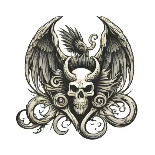 capital h with devil tail looped into a heart on left side with a demon wing and an angel wing on the right, halo on top tattoo design idea