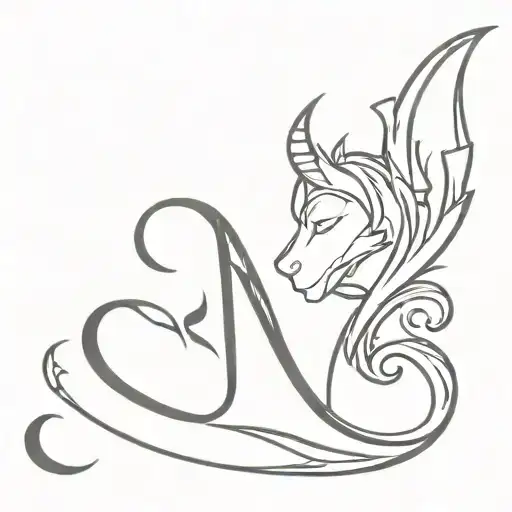 capital letter H with horns and a heart shaped devil tail tattoo design idea