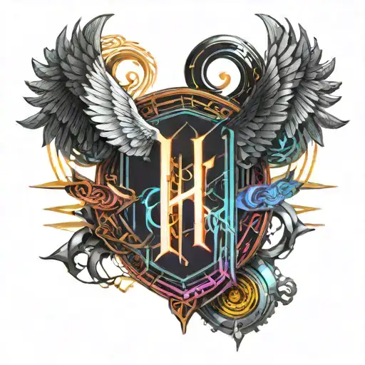 capital h with devil tail looped into a heart on left side with a demon wing and an angel wing on the right, halo on top tattoo design idea