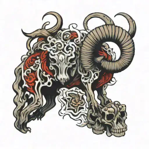 fire ram standing on skulls tattoo design idea