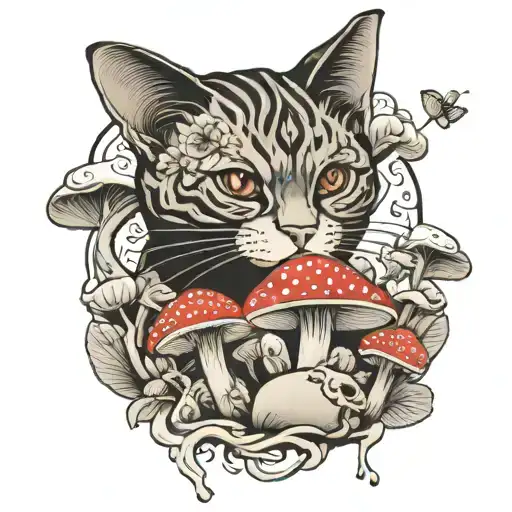 RedCrazyCat with mushrooms  tattoo design idea