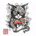 RedCrazyCat with mushrooms  tattoo design idea