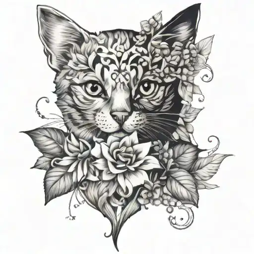 A floral and botanical design incorporating elements inspired by two cats and a chihuahua, arranged in a delicate and elegant composition for an ear tattoo tattoo design idea