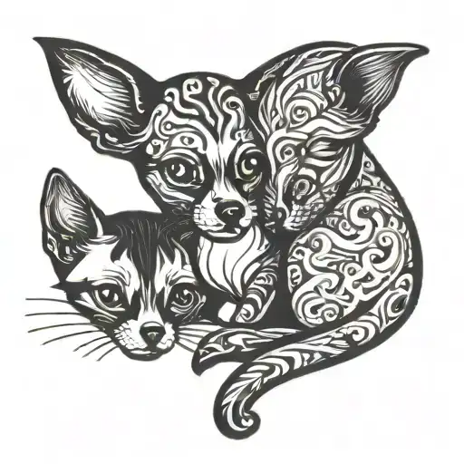 A minimalist outline tattoo of two cats and a chihuahua cuddling together tattoo design idea