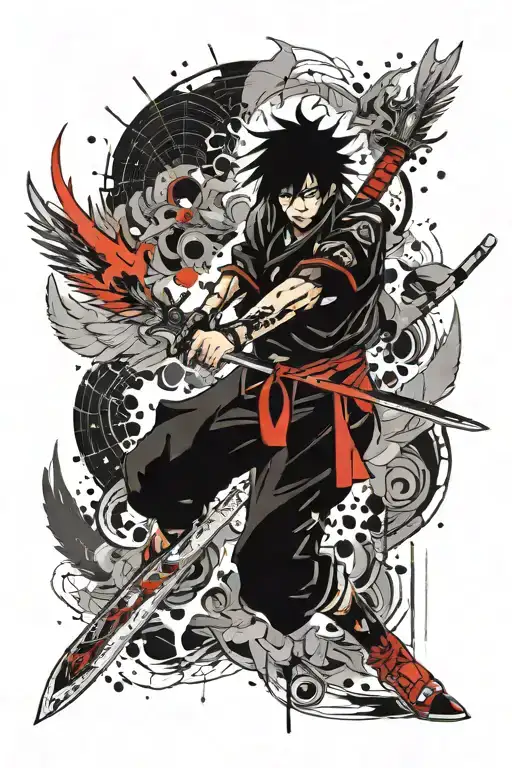 against the background of Rengoku katana on fire with wings tattoo design idea