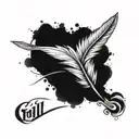 A feather transforming into a quill pen with intricate details tattoo design idea