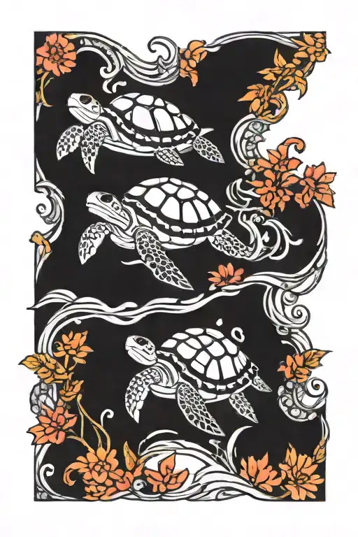 spine tattoo of sea turtles swimming in waves that are flowers and coral  tattoo design idea