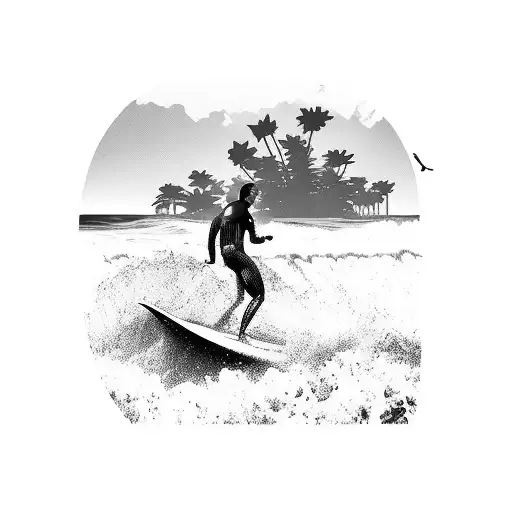 Surfer catching a wave with palm trees in the background tattoo design idea