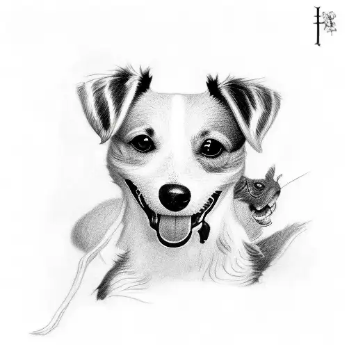 A black and white tattoo. A Jack Russell from the front with open mouth.  tattoo design idea
