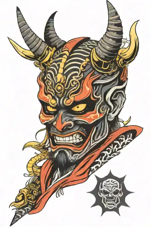 oni samurai mask split in half tattoo design idea