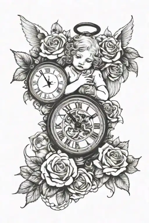 angel baby with broken clock and roses intertwined tattoo design idea