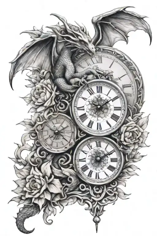 dragon Greek mythology gods Olympus time clocks flowers shading detail  tattoo design idea