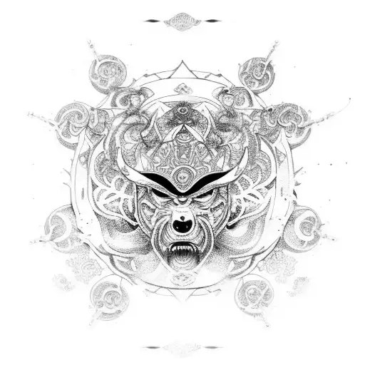An intricate mandala design incorporating elements of samurai armor and monk robes tattoo design idea