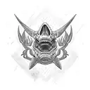 Tzompantli-inspired shark skull surrounded by blackwork patterns tattoo design idea