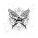 Tzompantli-inspired shark skull surrounded by blackwork patterns tattoo design idea