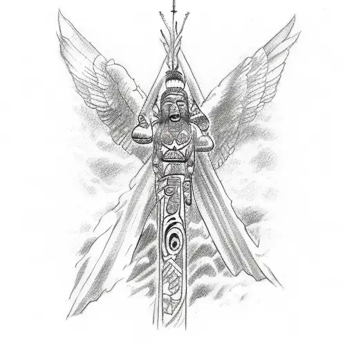 A sketch-style tattoo of a totem pole featuring biblical scenes tattoo design idea