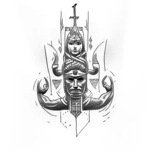 A sketch-style tattoo of a totem pole featuring biblical scenes tattoo design idea