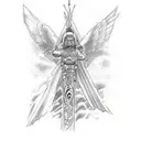 A sketch-style tattoo of a totem pole featuring biblical scenes tattoo design idea