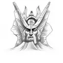 A sketch-style tattoo of a totem pole featuring biblical scenes tattoo design idea