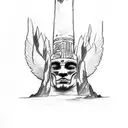 A sketch-style tattoo of a totem pole featuring biblical scenes tattoo design idea