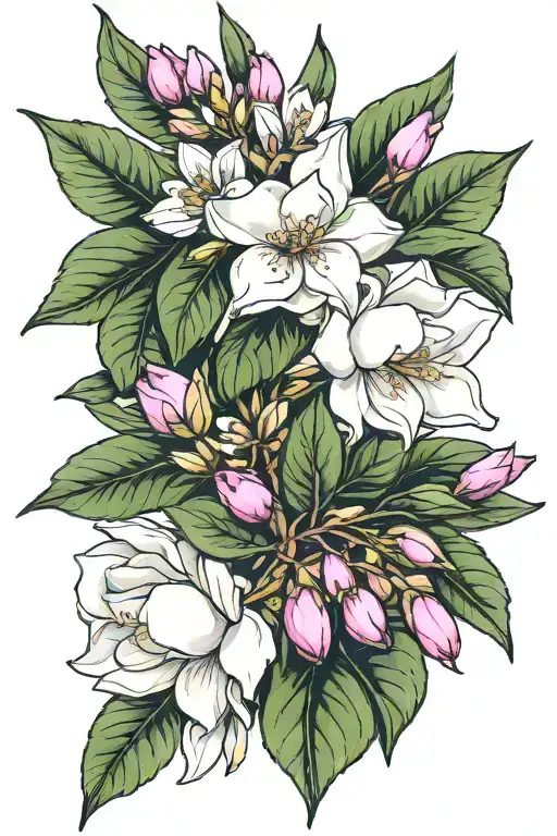 gardenia, olive branch with olives, pink oleander. using pastel colors  tattoo design idea