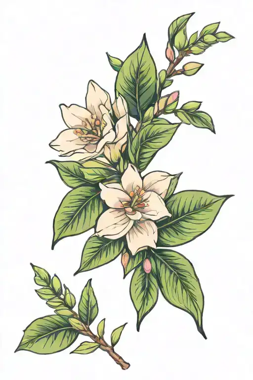 gardenia flower, pink oleanders, olives on an olive branch  tattoo design idea