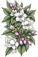 gardenia, olive branch with olives, pink oleander. using pastel colors  tattoo design idea