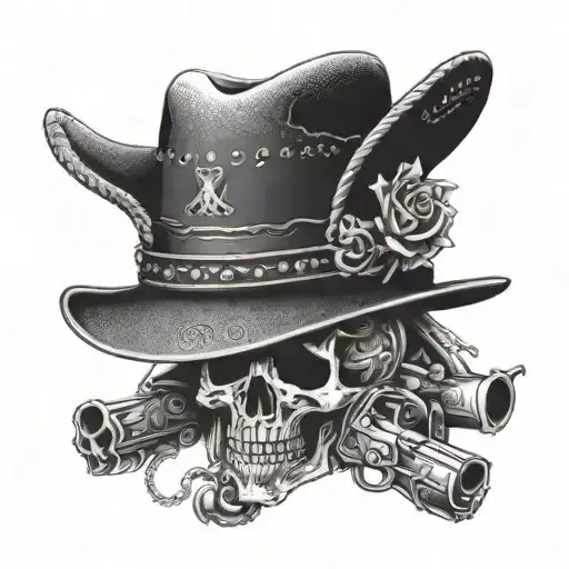 An intricate dotwork design of a cowboy hat with crossed pistols and skulls tattoo design idea