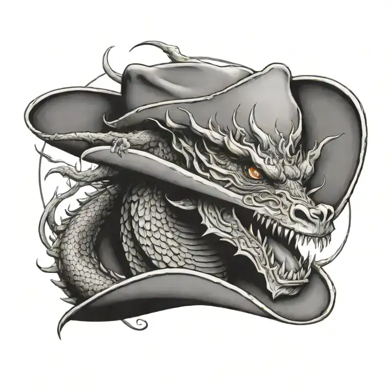 A Dragon int Cowboy hat flying towards tattoo design idea