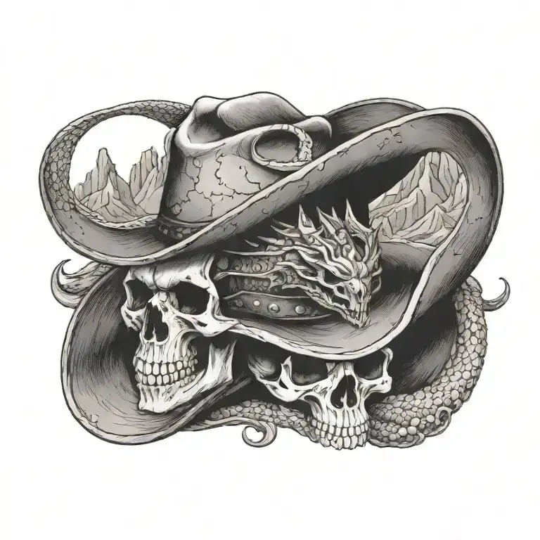 A cowboy hat adorned with dragon scales and skulls, set against a backdrop of rugged mountains tattoo design idea