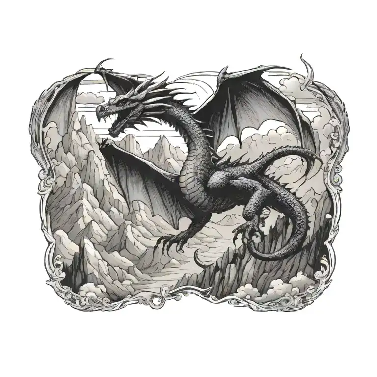 A dragon flying through mountains tattoo design idea