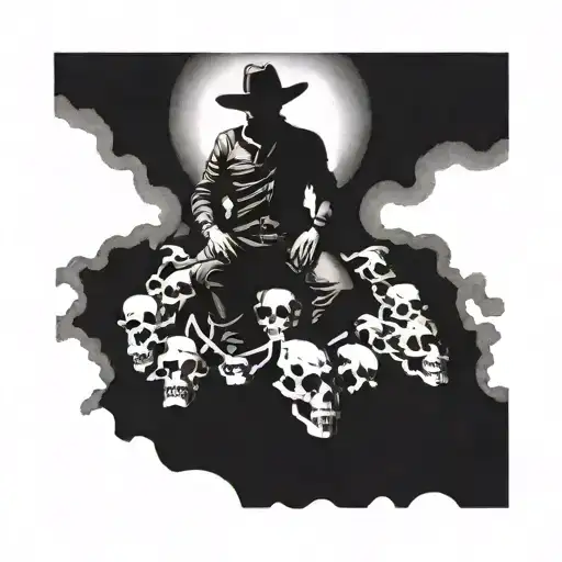 A blackwork tattoo of a cowboy silhouette standing on a pile of skulls tattoo design idea