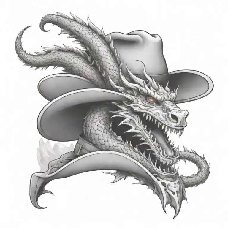 A cowboy hat with a dragon emerging from it, surrounded by mountains tattoo design idea
