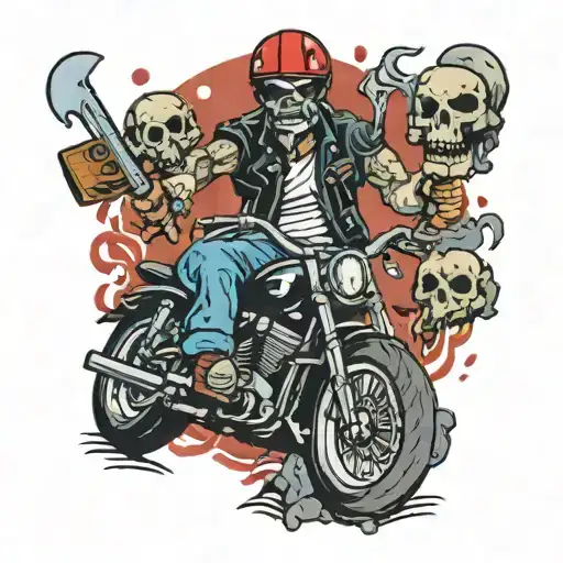 A biker riding a motorcycle with a hatchet in hand, surrounded by skulls and blood tattoo design idea