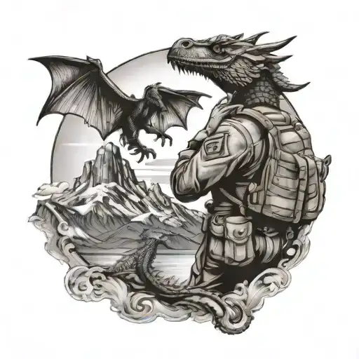 A Marine Corps veteran saluting with a dragon flying above and a mountain range in the background tattoo design idea