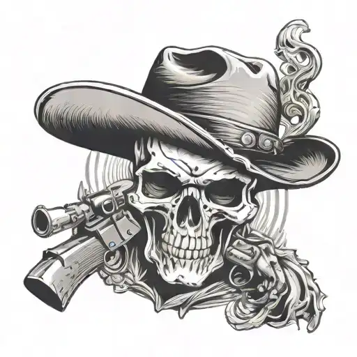 Skull wearing cowboy hat with pistols crossed in from shadded background tattoo design idea