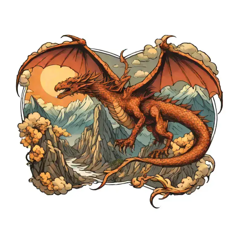 A dragon flying through mountains tattoo design idea